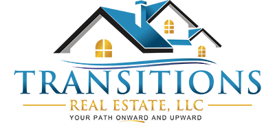 Transitions Real Estate logo with blue rooftops and gold windows, transitions under it